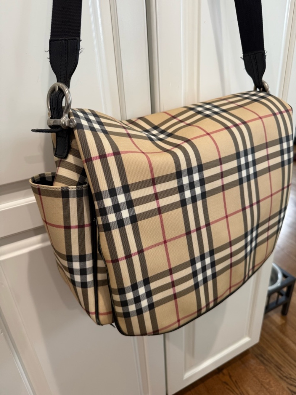 Burberry Beige Vintage Check Messenger Bag with Black Strap and Red Accents